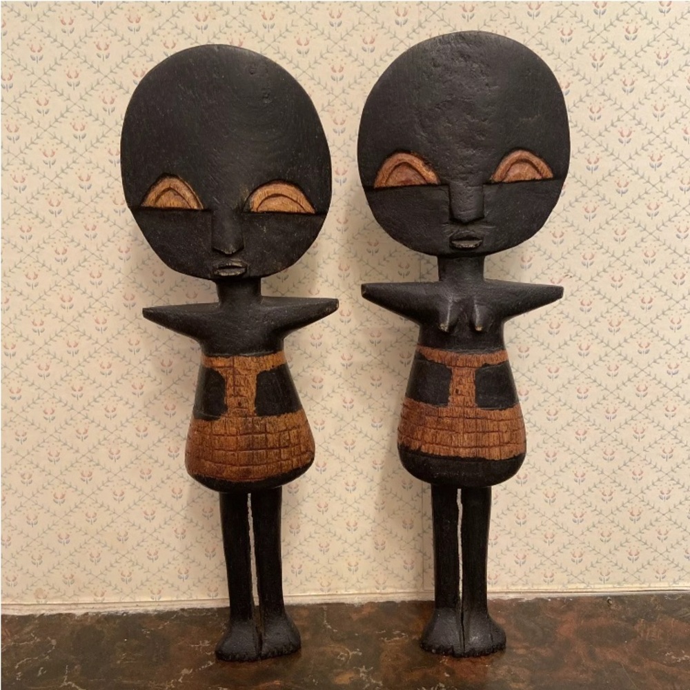 African Fertility Dolls Male Female Carved Wood Two Tone Pair 12” Tall